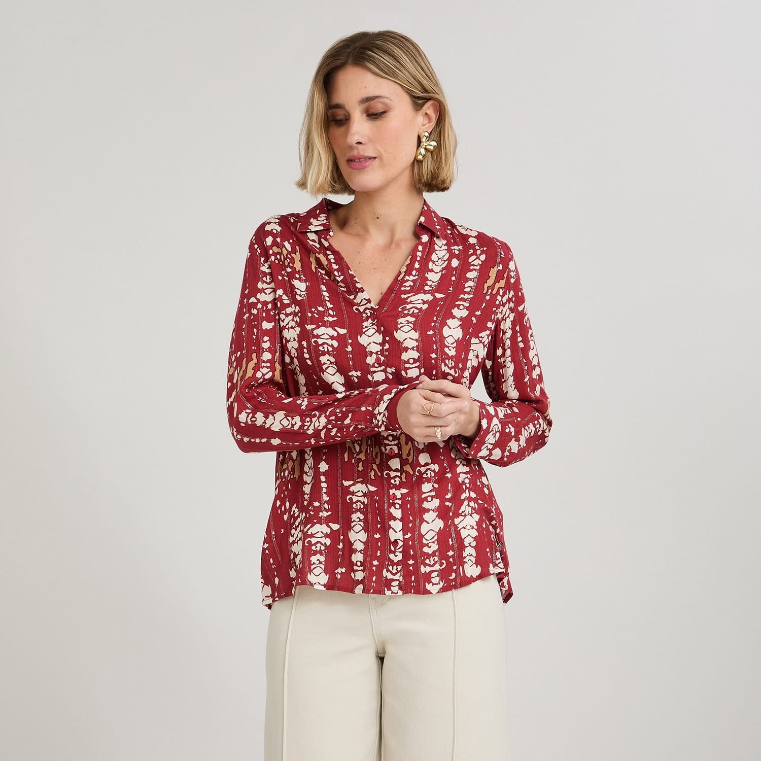 Blusa Manga Larga Print con Lurex Terracota